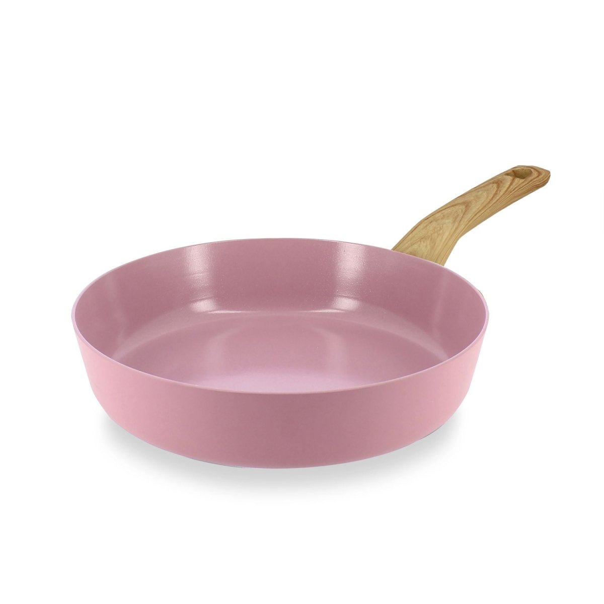 Poêle Colorama 24cm rose pastel avec manche bois, vue trois quarts sur fond blanc