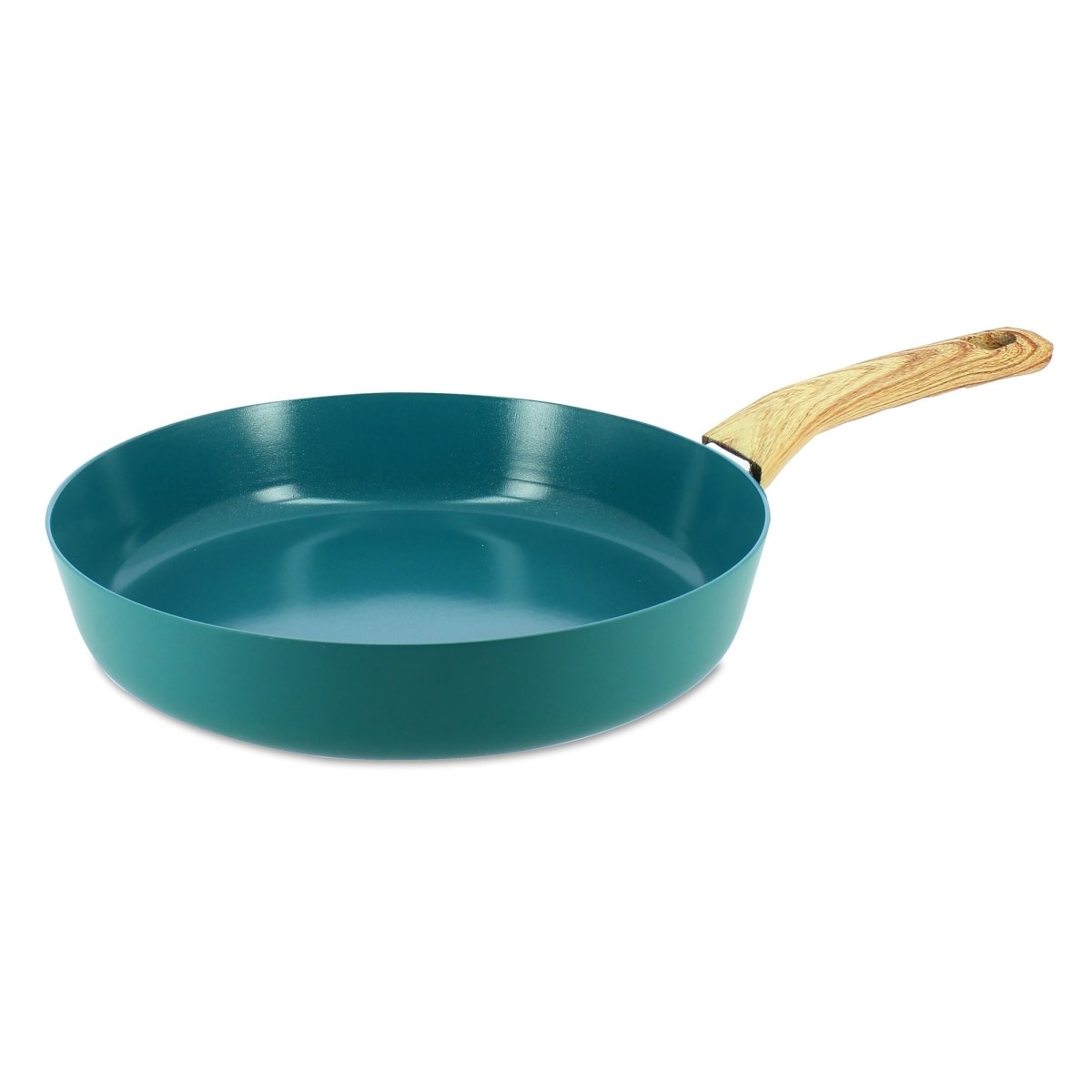 Poêle Colorama 28 cm céladon avec manche bois clair, vue de trois-quarts sur fond blanc