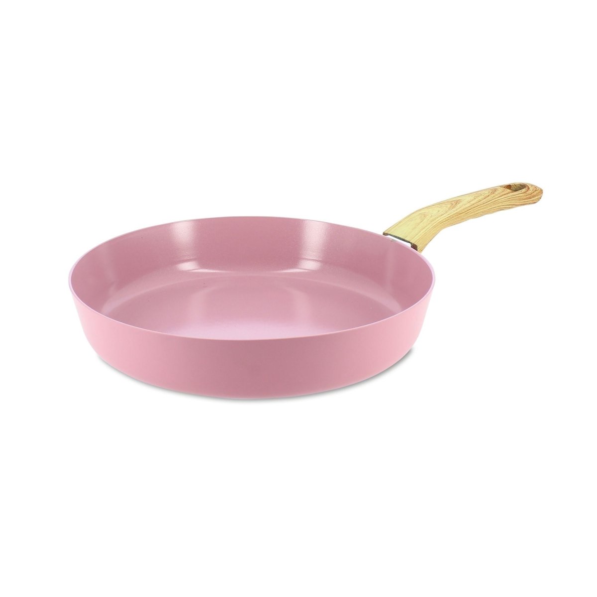 Poêle Colorama rose 28 cm en aluminium avec manche bois, vue de trois-quarts sur fond blanc
