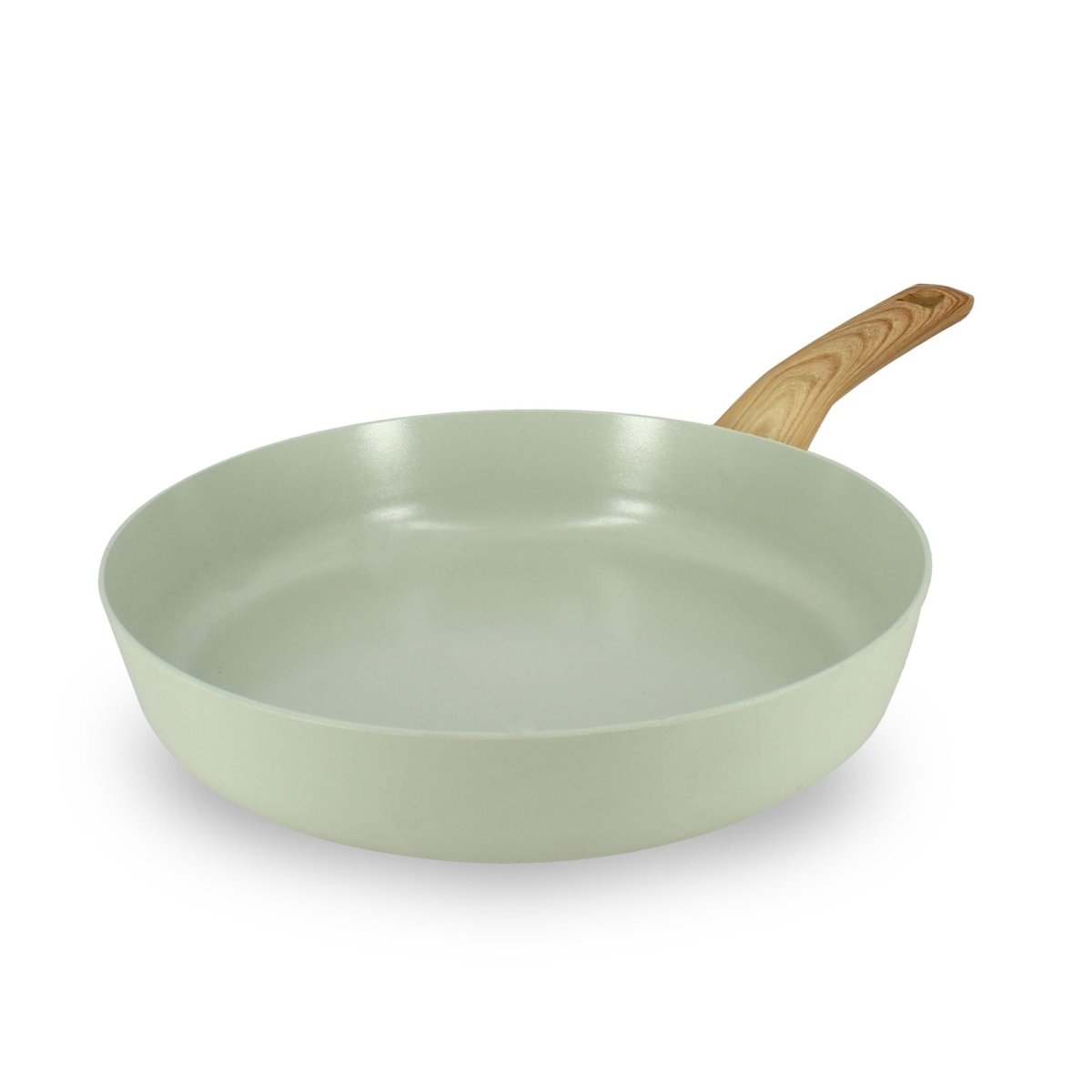 Poêle Colorama 28 cm Menastyl en aluminium céladon avec manche bois, vue de trois quarts