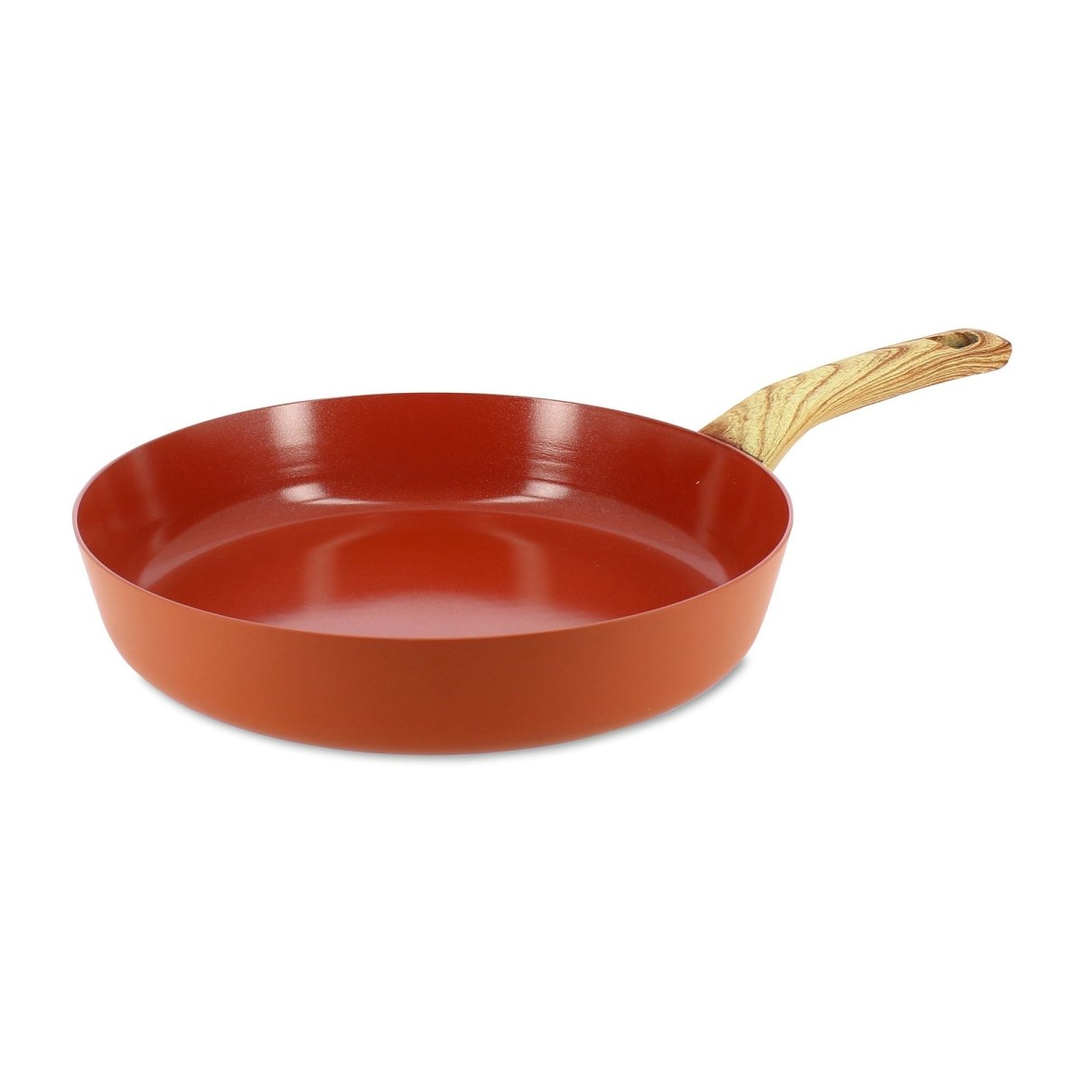 Poêle Colorama 28 cm couleur terracotta avec manche en bois clair, vue en perspective sur fond blanc