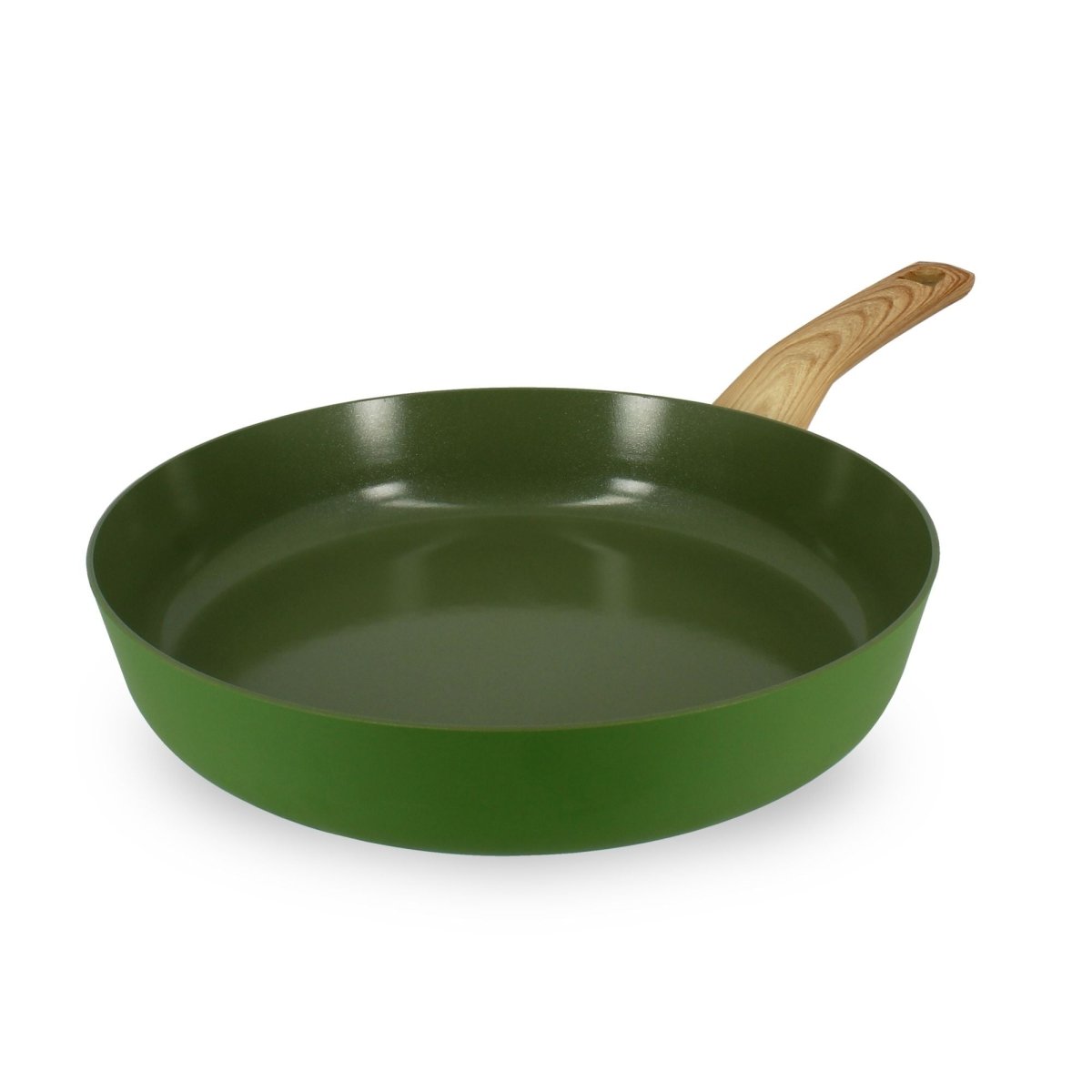 Poêle Colorama 28 cm céladon avec manche bois, vue trois-quarts sur fond blanc