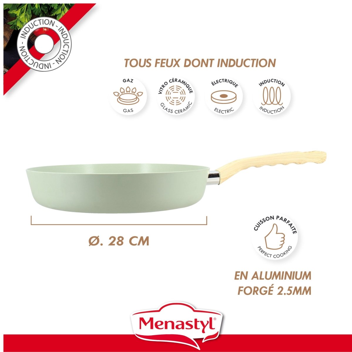 Poêle Colorama 28cm céladon compatible tous feux dont induction, aluminium forgé 2.5mm avec manche bois et badge cuisson parfaite