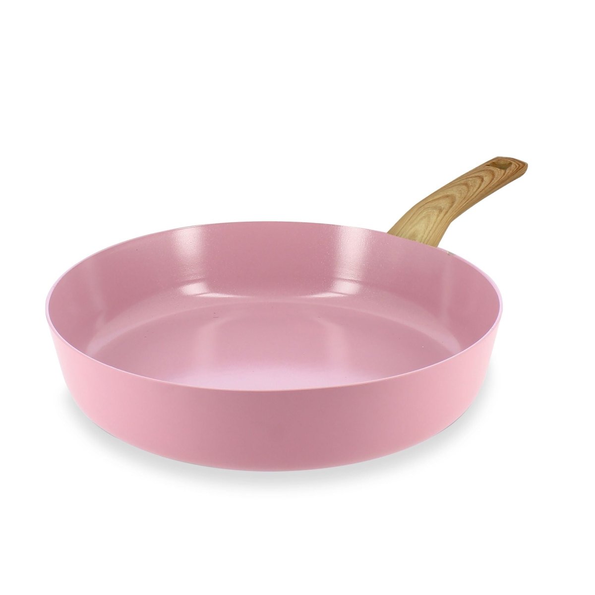 Poêle Colorama 28 cm rose pale avec manche effet bois, vue trois-quarts sur fond blanc
