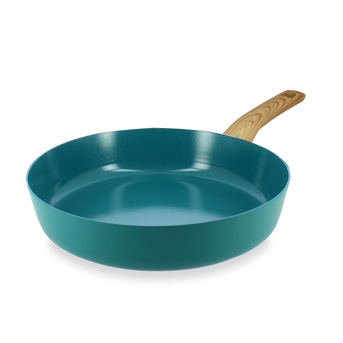 Poêle Colorama 28cm céladon avec manche bois, vue de trois quarts sur fond blanc