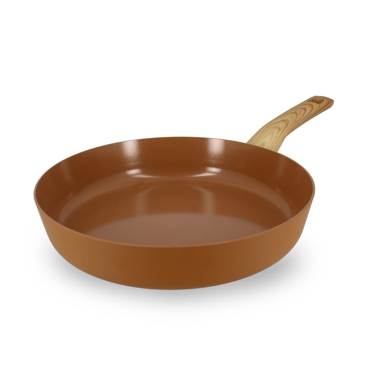 Poêle Colorama 28 cm couleur cuivre avec manche aspect bois, vue de trois quarts sur fond blanc