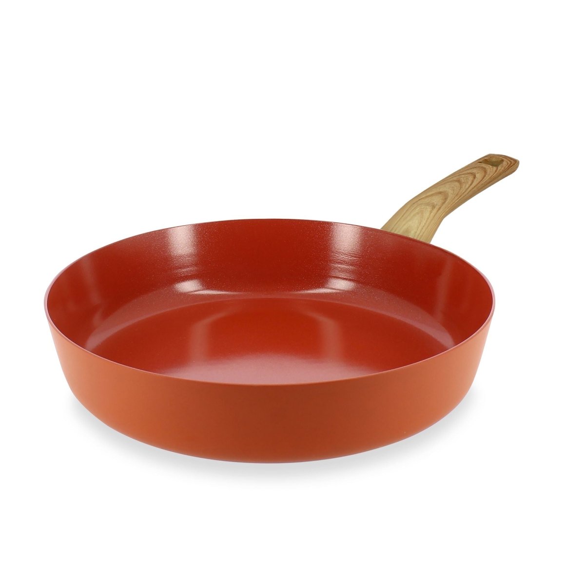 Poêle Colorama 28 cm terracotta avec manche bois, vue de trois-quarts sur fond blanc