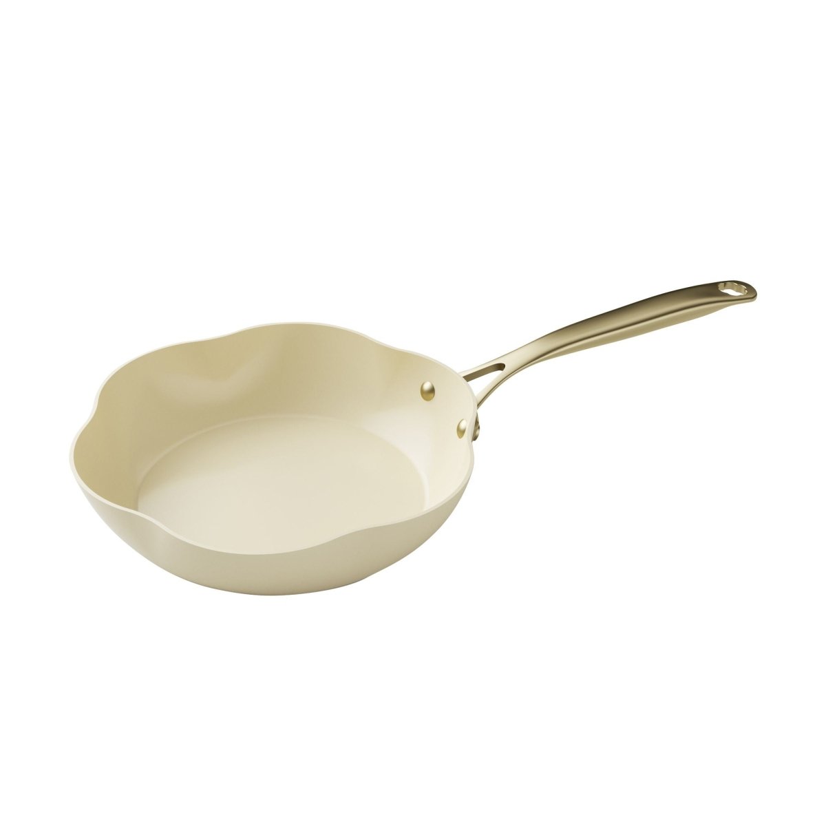 Poêle Dahlia 20 cm Menastyl beige en aluminium recyclé avec manche doré, vue de trois-quarts