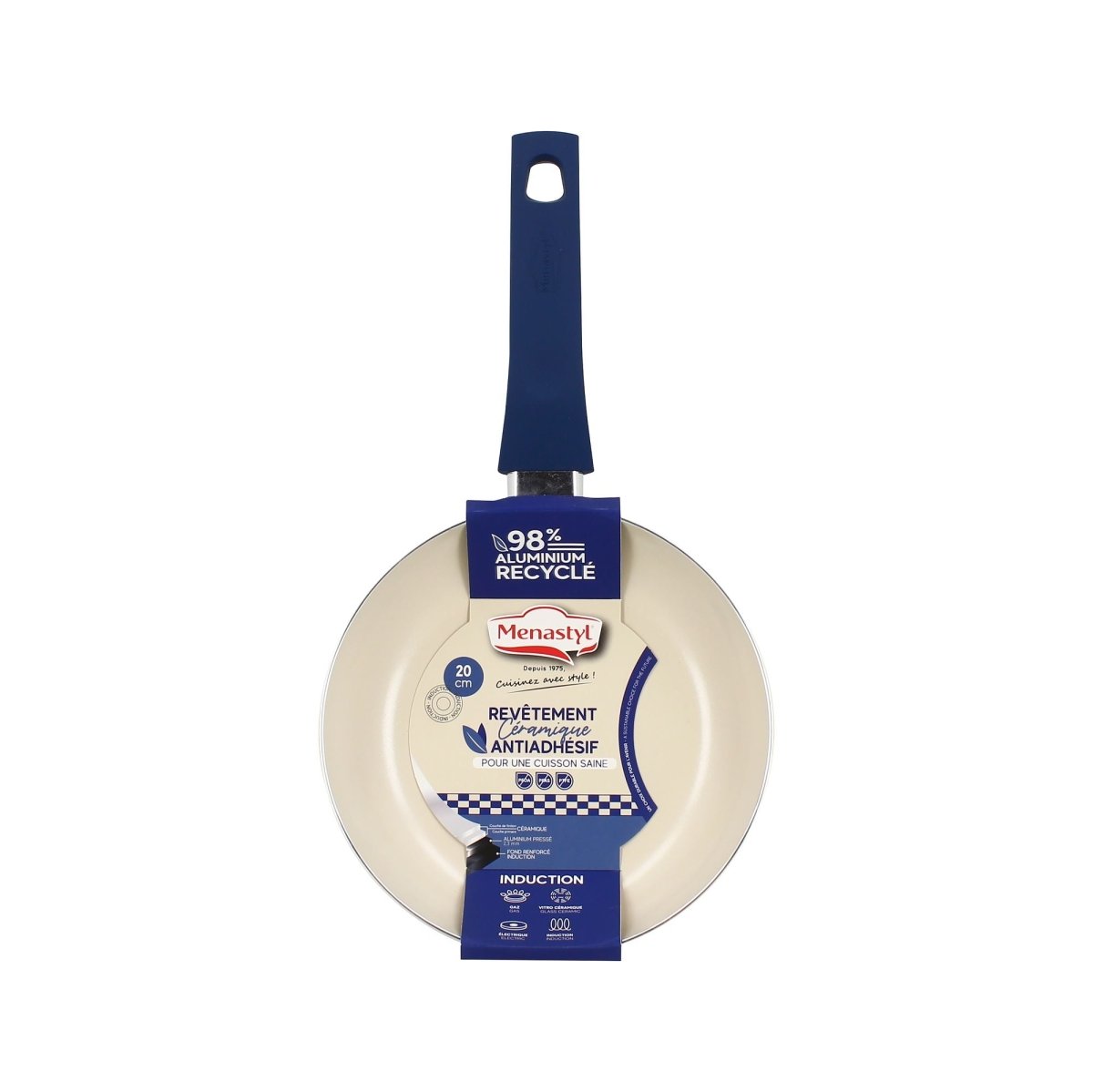 Poêle Ginette 20cm crème avec étiquette produit, revêtement céramique antiadhésif et manche bleu marine
