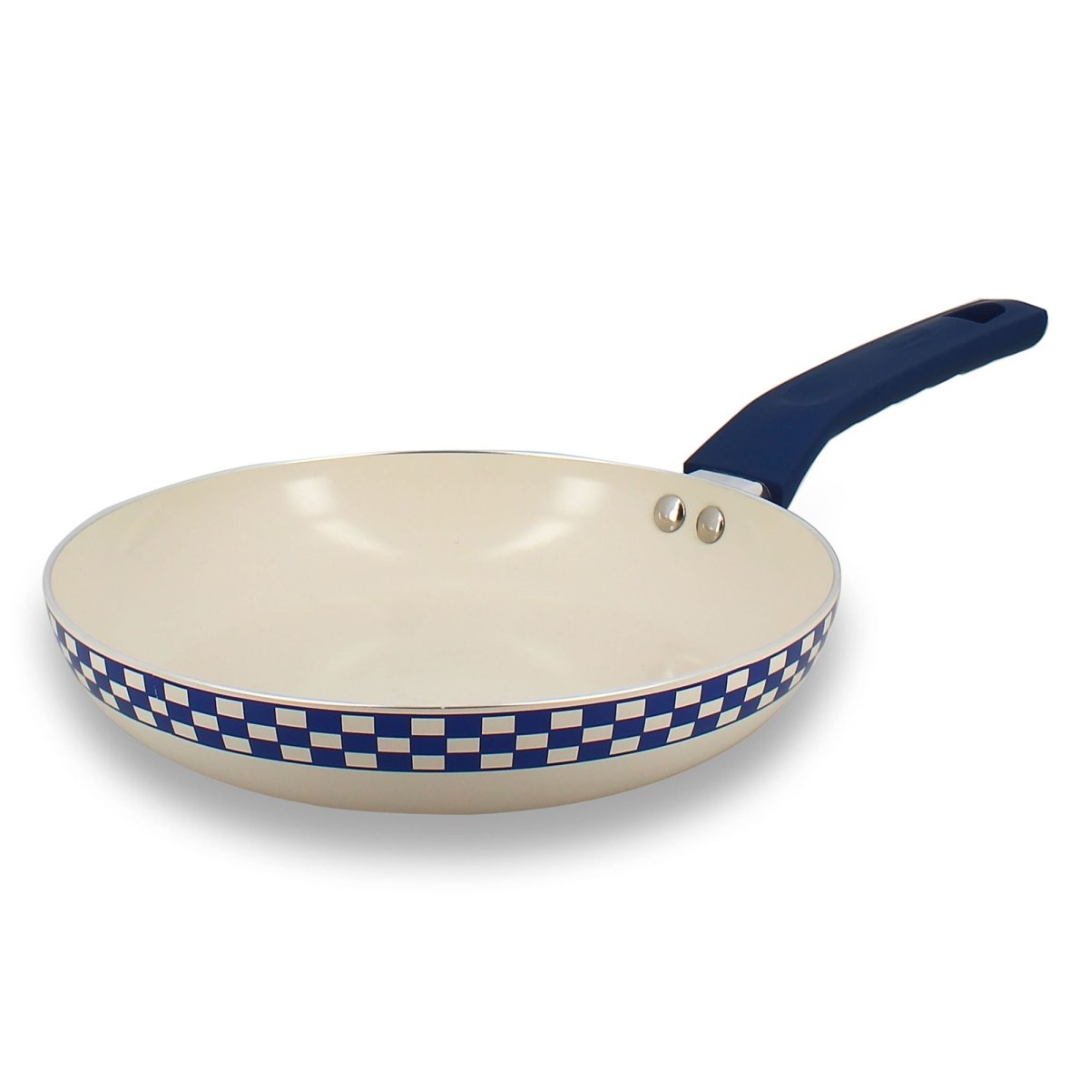 Poêle Ginette 28cm Menastyl beige crème avec motif carreaux bleu et blanc rétro, vue de trois-quarts sur fond blanc