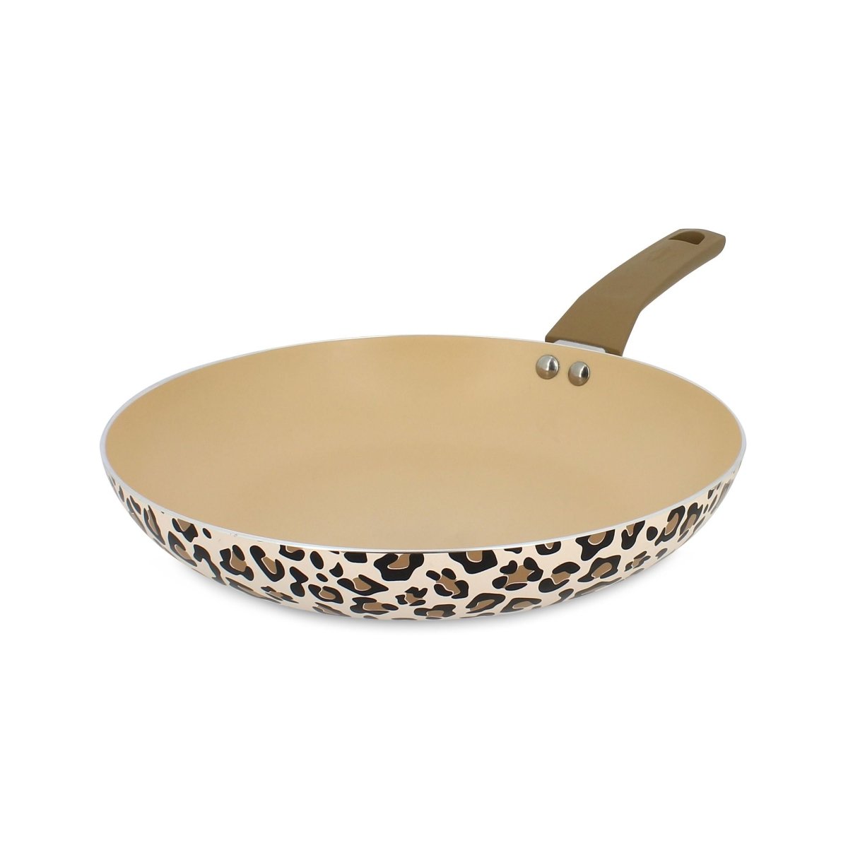 Poêle Léopard 28 cm Menastyl en aluminium avec revêtement beige et motif léopard marron, vue de trois quarts