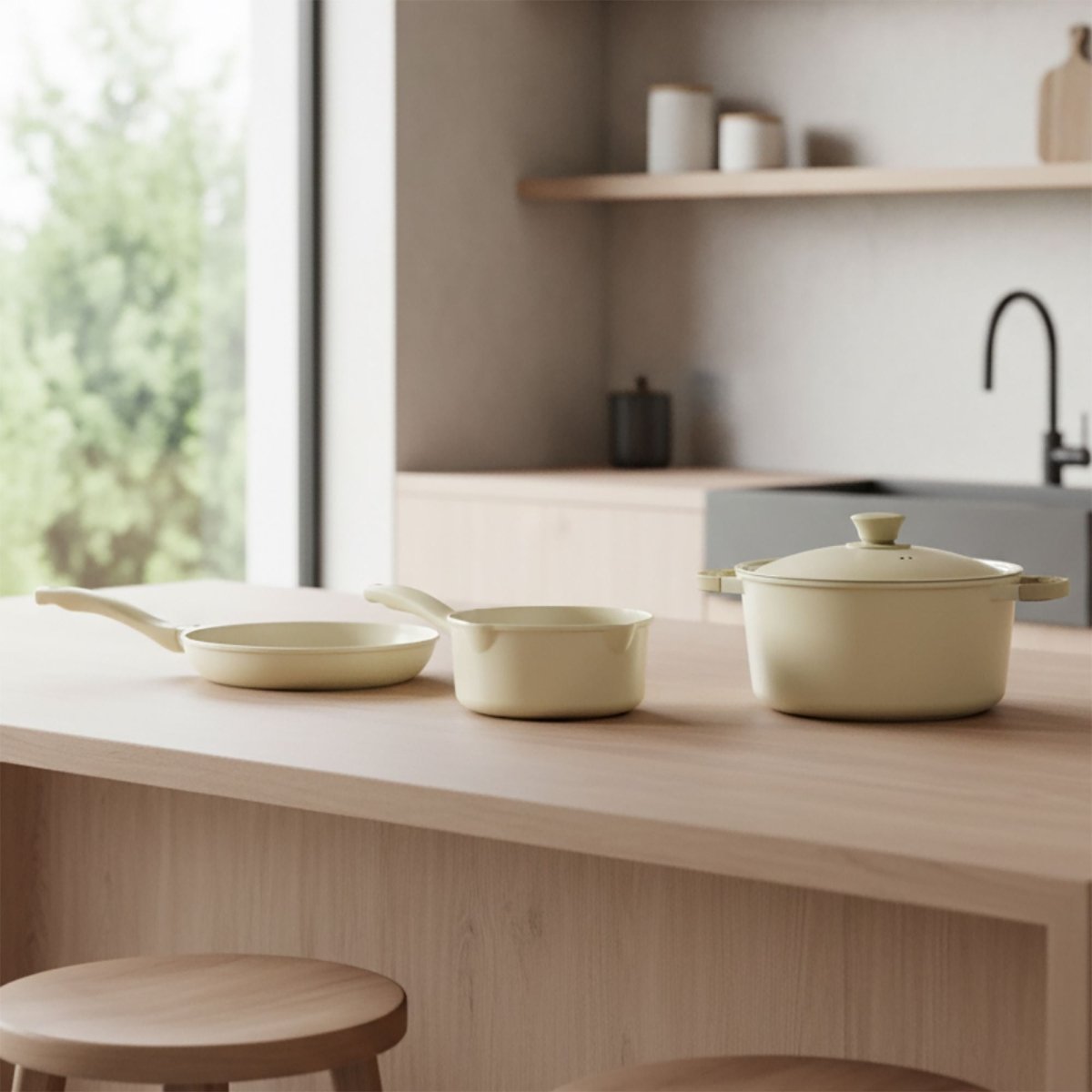 Poêle Pure 20cm crème en fonte d'aluminium recyclé sur îlot de cuisine moderne avec casseroles assorties