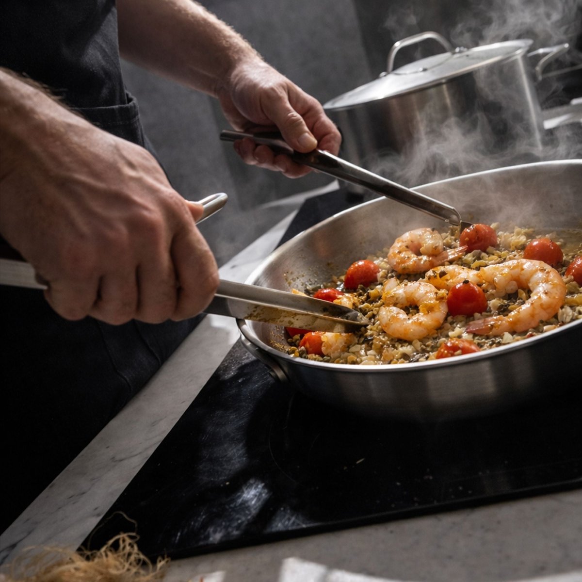 Poêle Triply en acier inoxydable avec crevettes et tomates cerises en cours de cuisson, vapeur visible