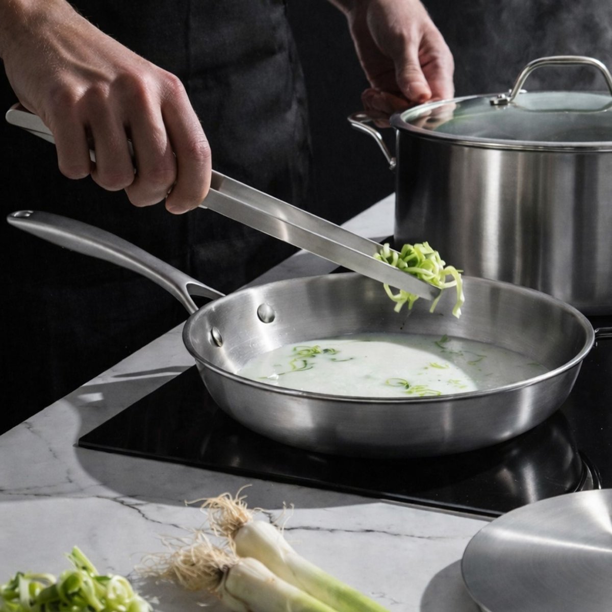Cuisson de légumes verts dans une poêle Triply 28 cm en acier inoxydable triple couche sur plaque induction