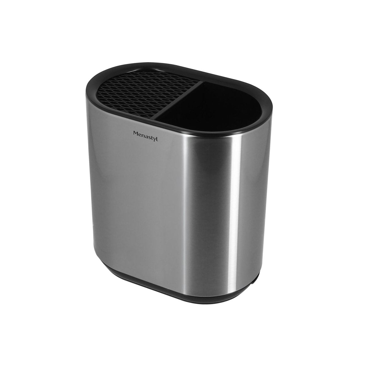Porte-ustensiles inox et noir Menastyl avec compartiments, vue de trois-quarts sur fond blanc