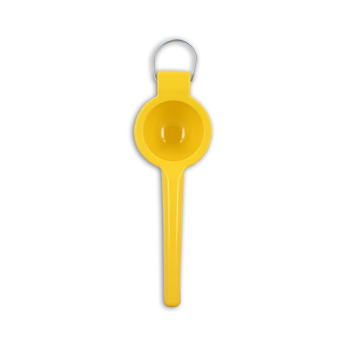Presse-citron manuel 22cm en aluminium jaune, vue de dessus montrant la coupelle et l'anneau de suspension