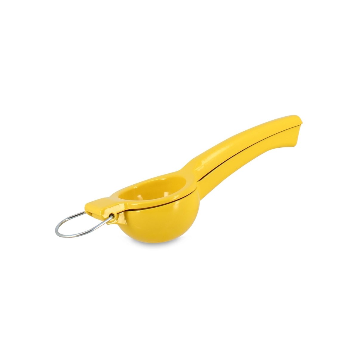 Presse-citron manuel 22cm en aluminium jaune avec système de levier, vue d'ensemble sur fond blanc