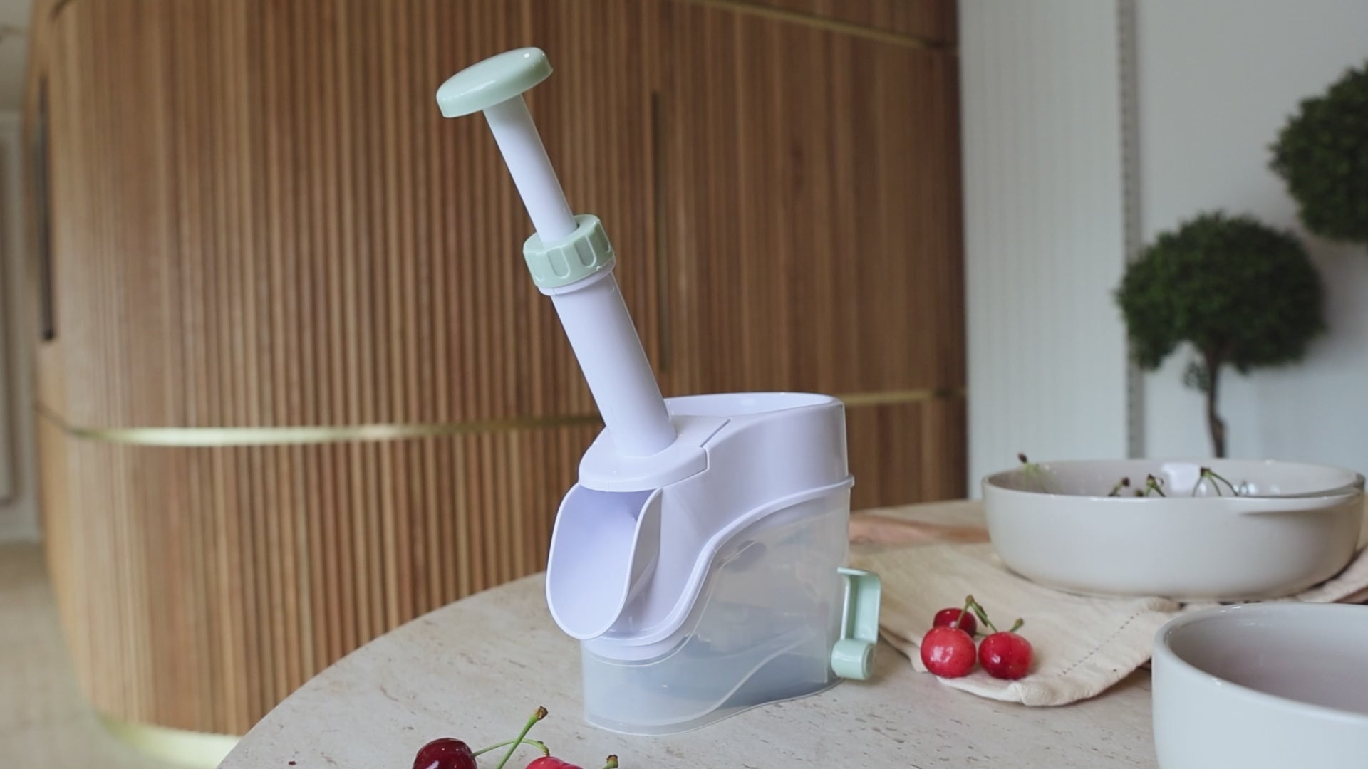 Charger la vidéo : Dénoyauteur à cerises en plastique blanc