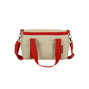 Sac lunch Colorama 5L Menastyl beige et magenta avec bandoulière rouge, vue de face sur fond blanc
