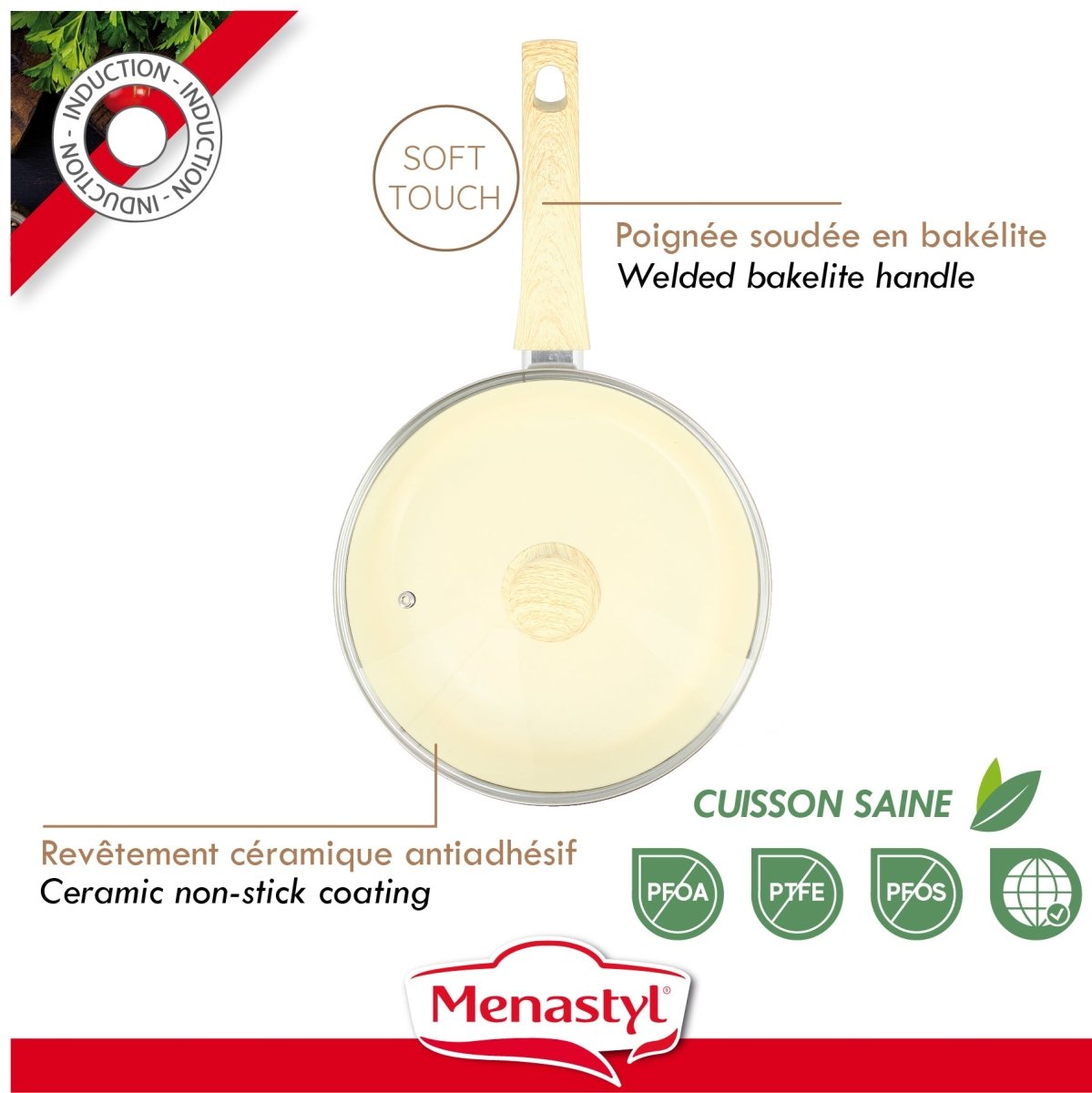 Sauteuse Colorama 24cm vue de dessus, revêtement céramique beige, poignée bakélite et couvercle en verre