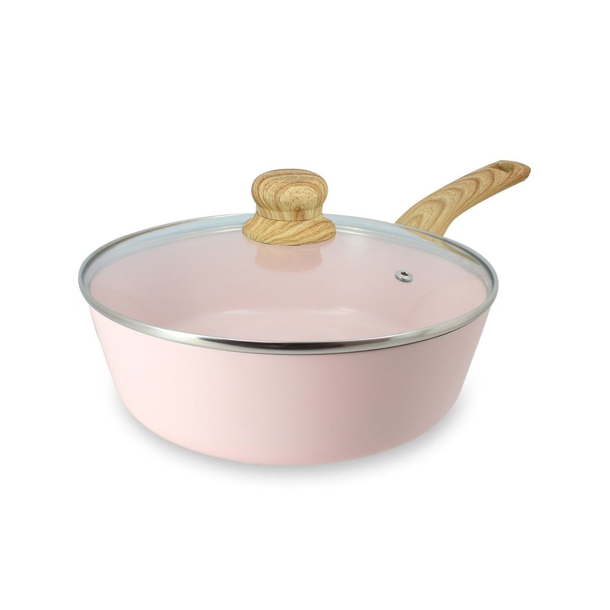 Sauteuse Colorama 24 cm rose pastel avec couvercle en verre et poignée effet bois, vue de trois quarts