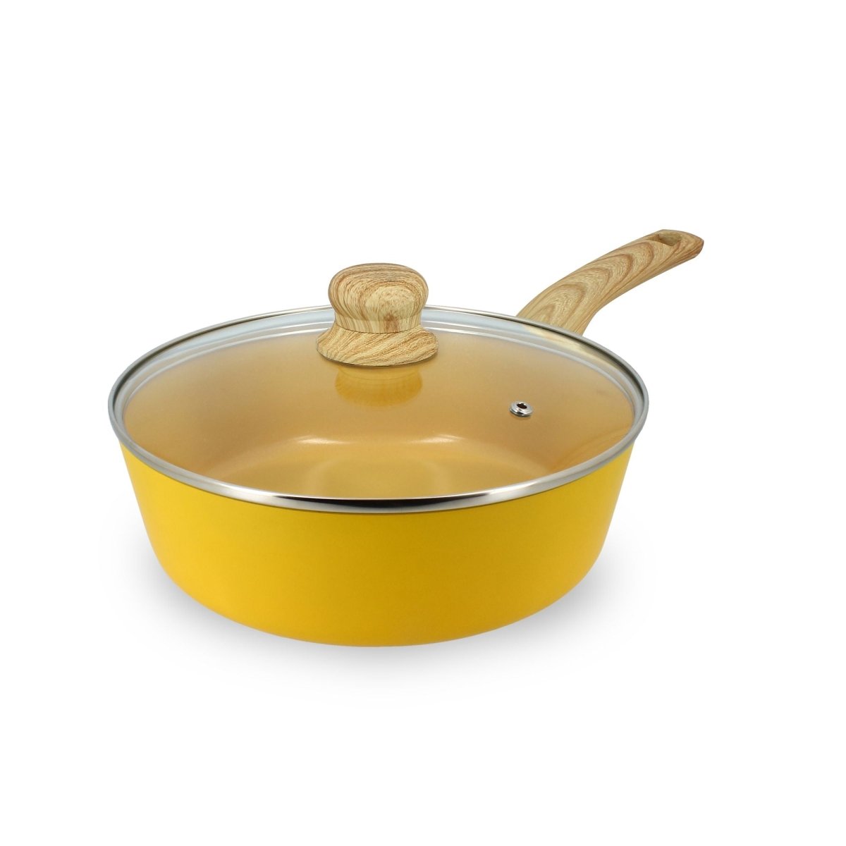 Sauteuse Colorama 24 cm jaune avec couvercle en verre et poignée effet bois, vue de trois-quarts sur fond blanc