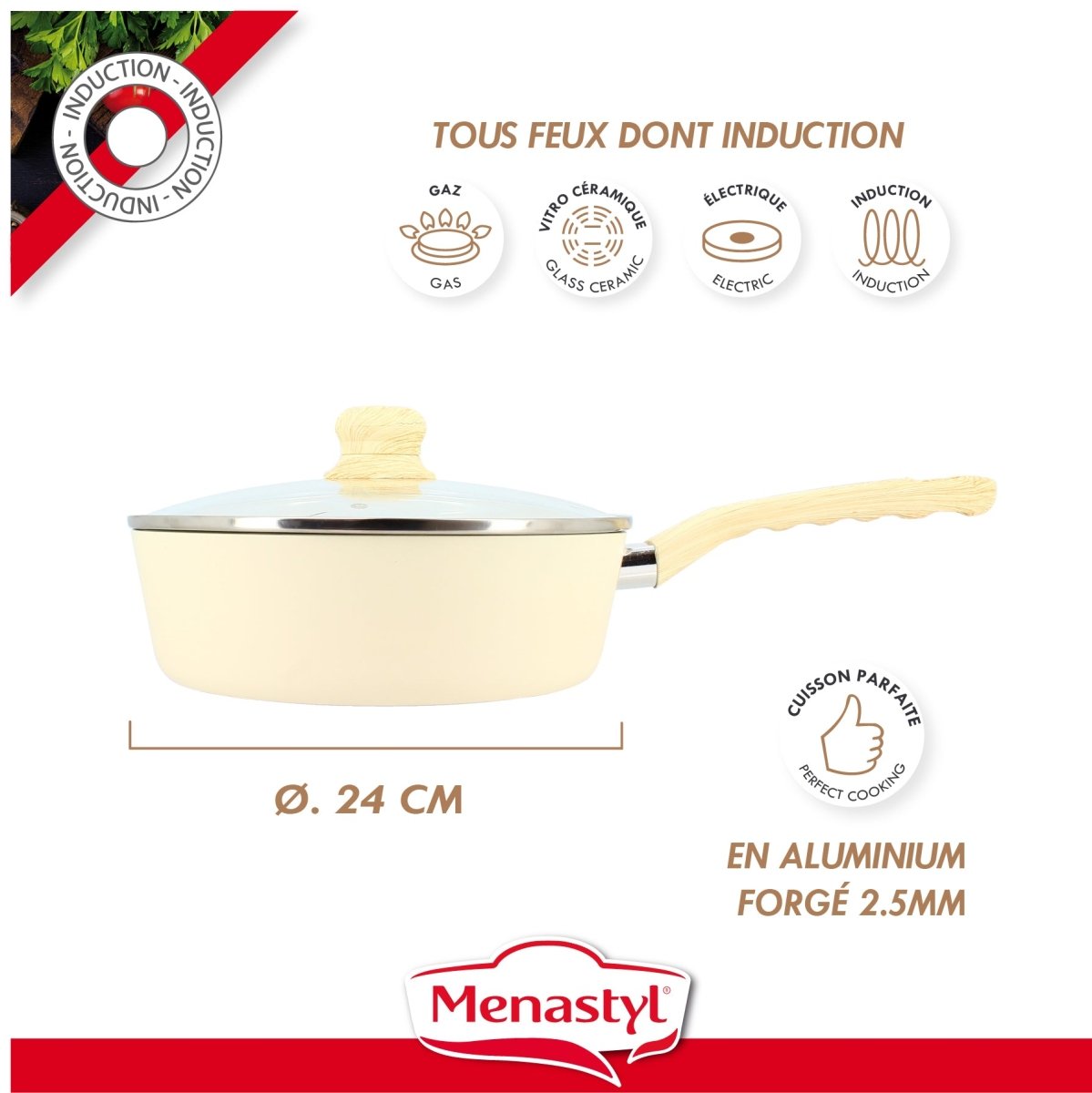 Sauteuse Colorama 24 cm beige avec couvercle et infographie tous feux dont induction, aluminium forgé 2.5mm