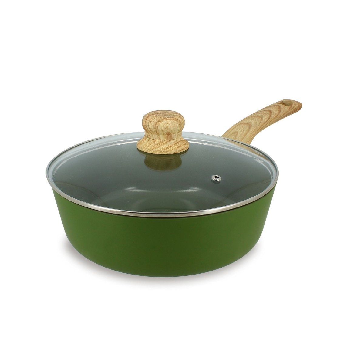 Sauteuse Colorama 24 cm verte avec couvercle en verre et poignée effet bois, vue de trois-quarts