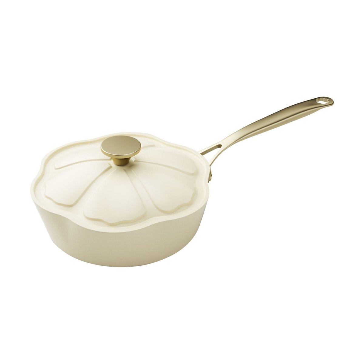 Sauteuse Dahlia 24 cm Menastyl en aluminium recyclé beige avec couvercle et long manche doré, vue de trois quarts