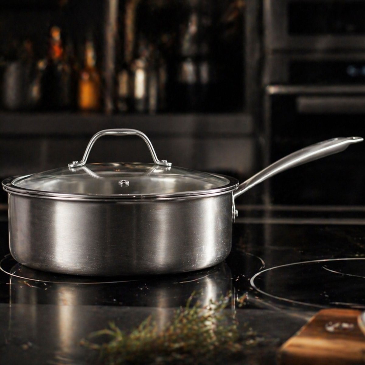 Sauteuse Triply 24cm en acier inoxydable avec couvercle verre, posée sur plaque induction dans cuisine moderne
