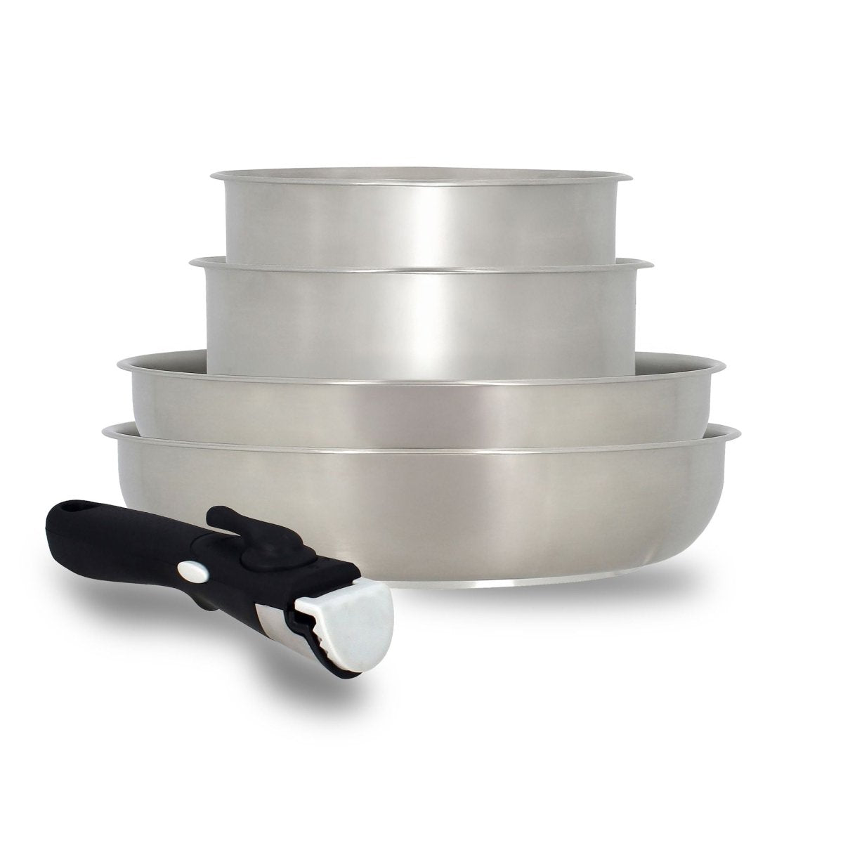 Set 5 pièces Iris Menastyl en inox et aluminium empilé avec poignée amovible noire au premier plan