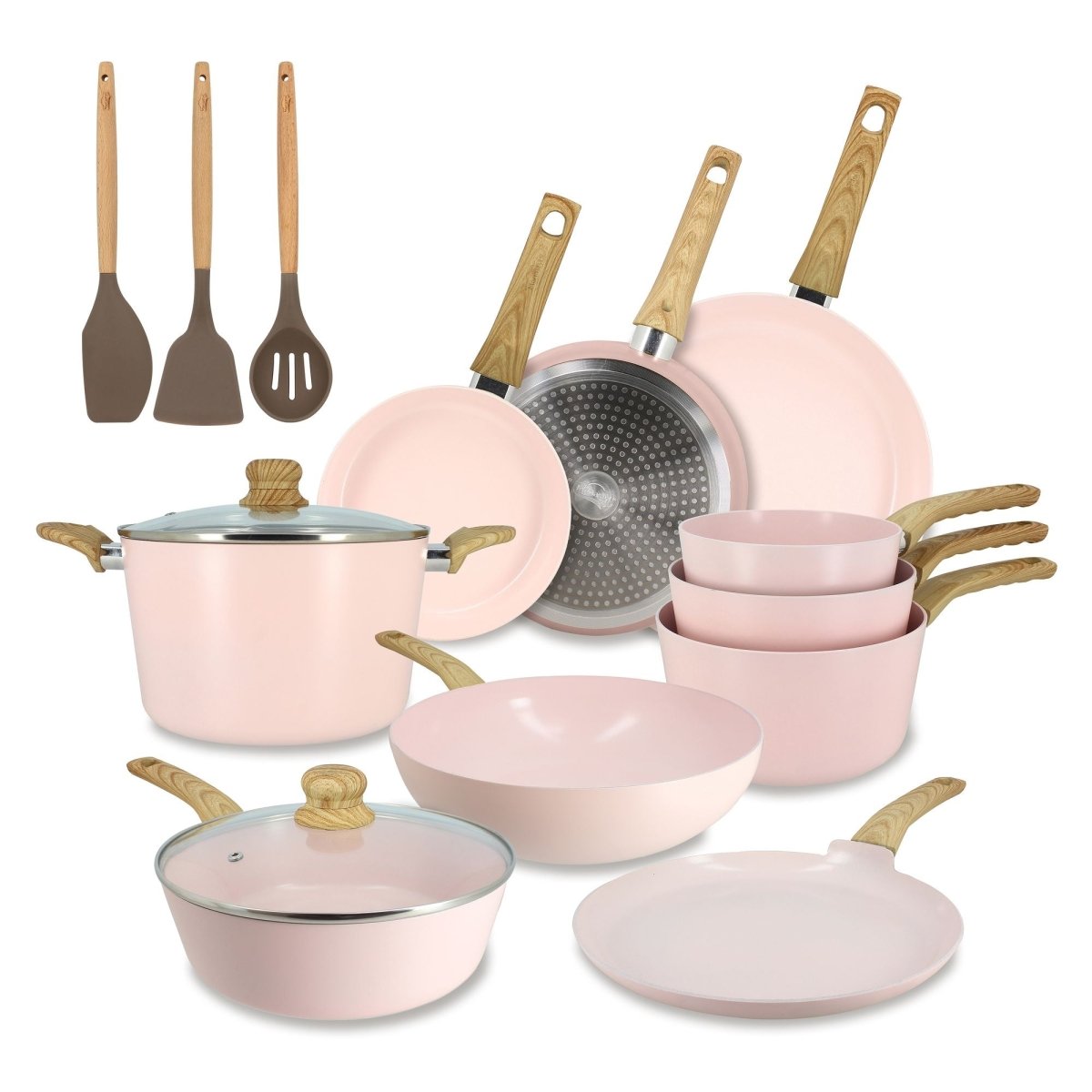 Set de 13 pièces Colorama rose avec casseroles, poêles, couvercles et ustensiles en bois sur fond blanc