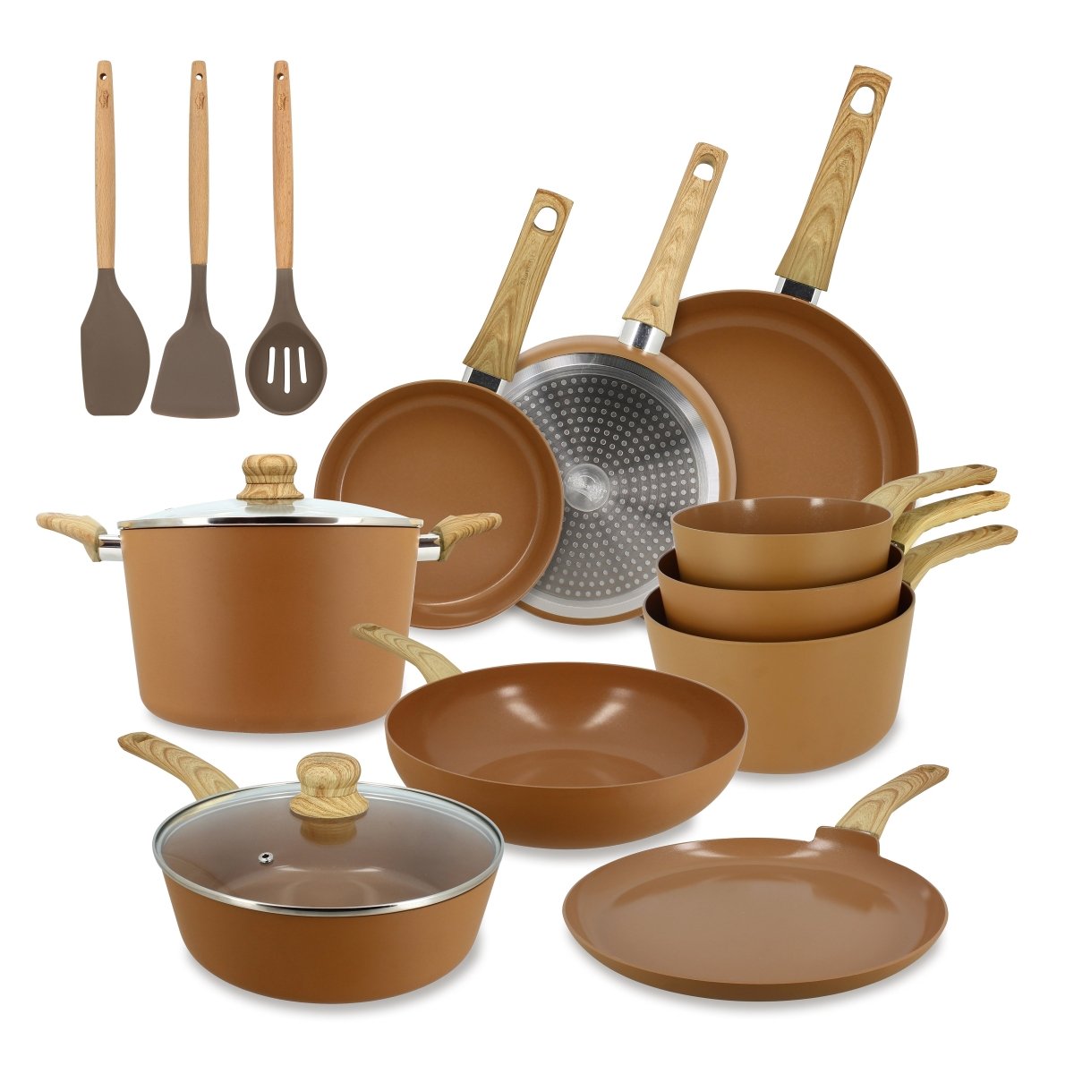 Set complet de 13 pièces Colorama bronze avec casseroles, poêles, sauteuses et ustensiles à manches bois, vue d'ensemble