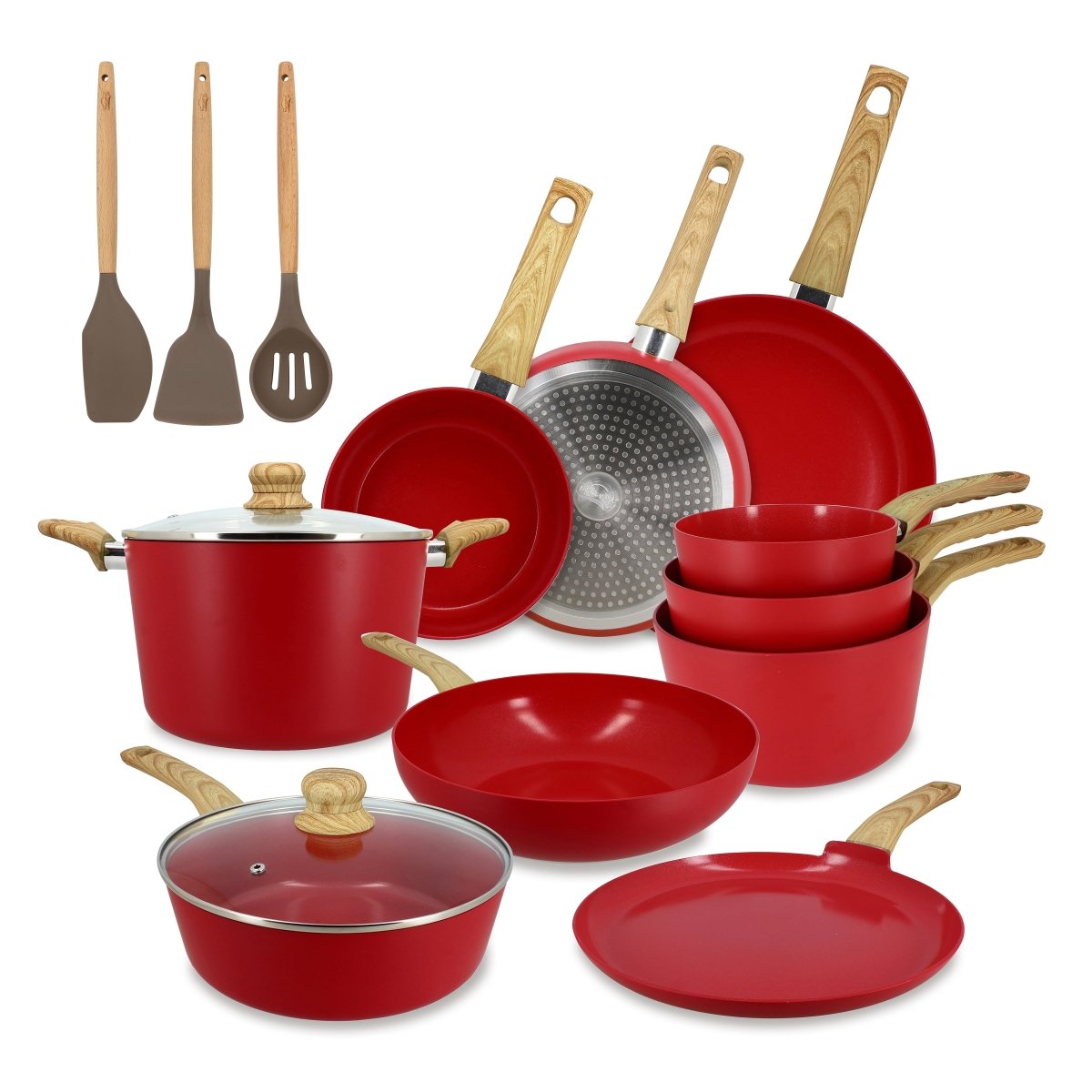Vue complète du set de 13 pièces Colorama rouge avec casseroles, poêles, couvercles et spatules en bois sur fond blanc