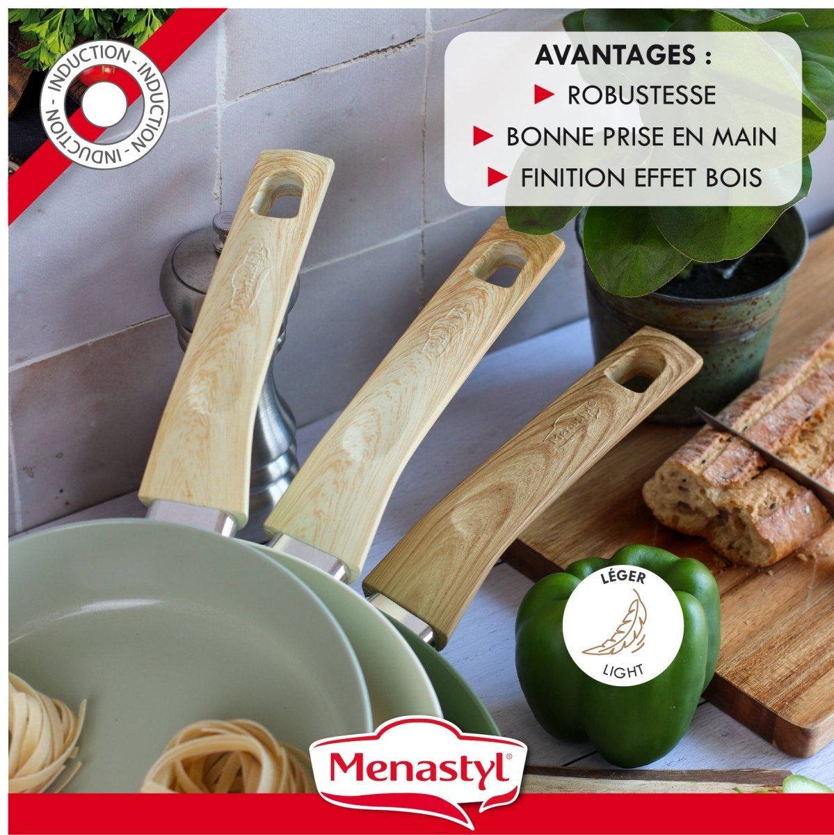 Set de 13 pièces Colorama avec 3 casseroles à manche finition bois, une poêle et une poignée amovible sur plan de travail cuisine