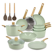 Set de 13 pièces Colorama Menastyl vert céladon avec poêles, casseroles, marmite et ustensiles manches bois