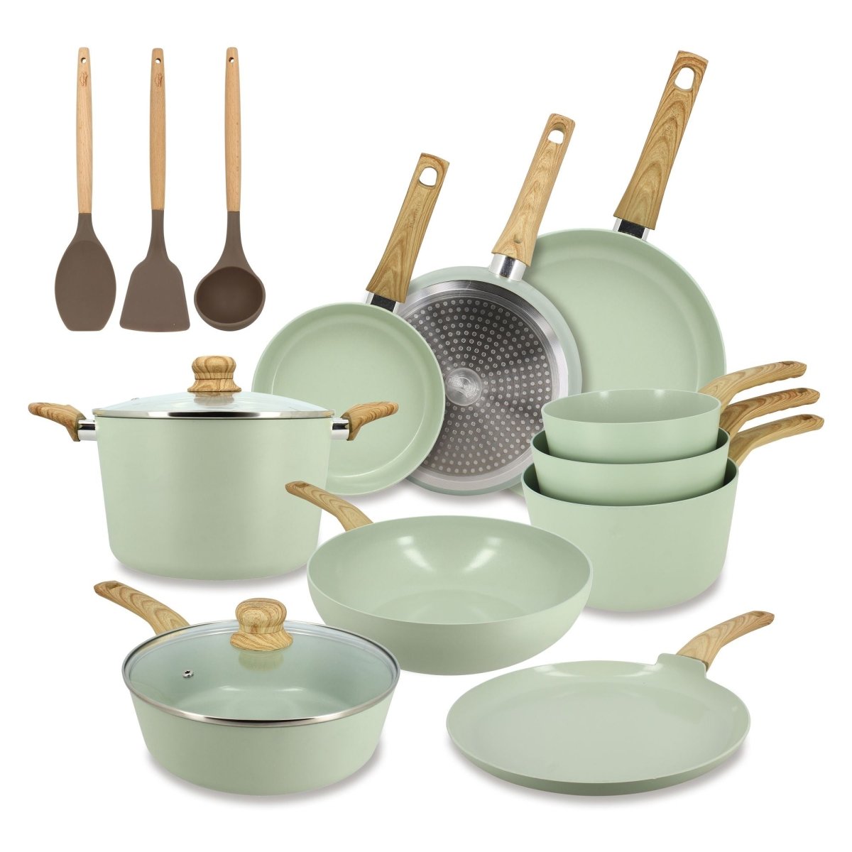 Set de 13 pièces Colorama Menastyl vert céladon avec poêles, casseroles, marmite et ustensiles manches bois