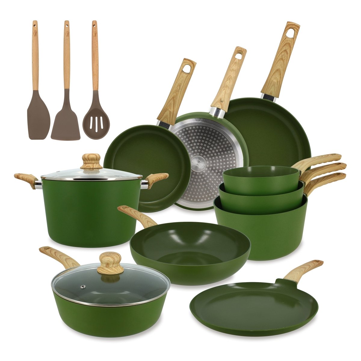 Set complet de 13 pièces Colorama vert céladon : casseroles, poêles, sauteuse et ustensiles en bois, vue d'ensemble sur fond blanc
