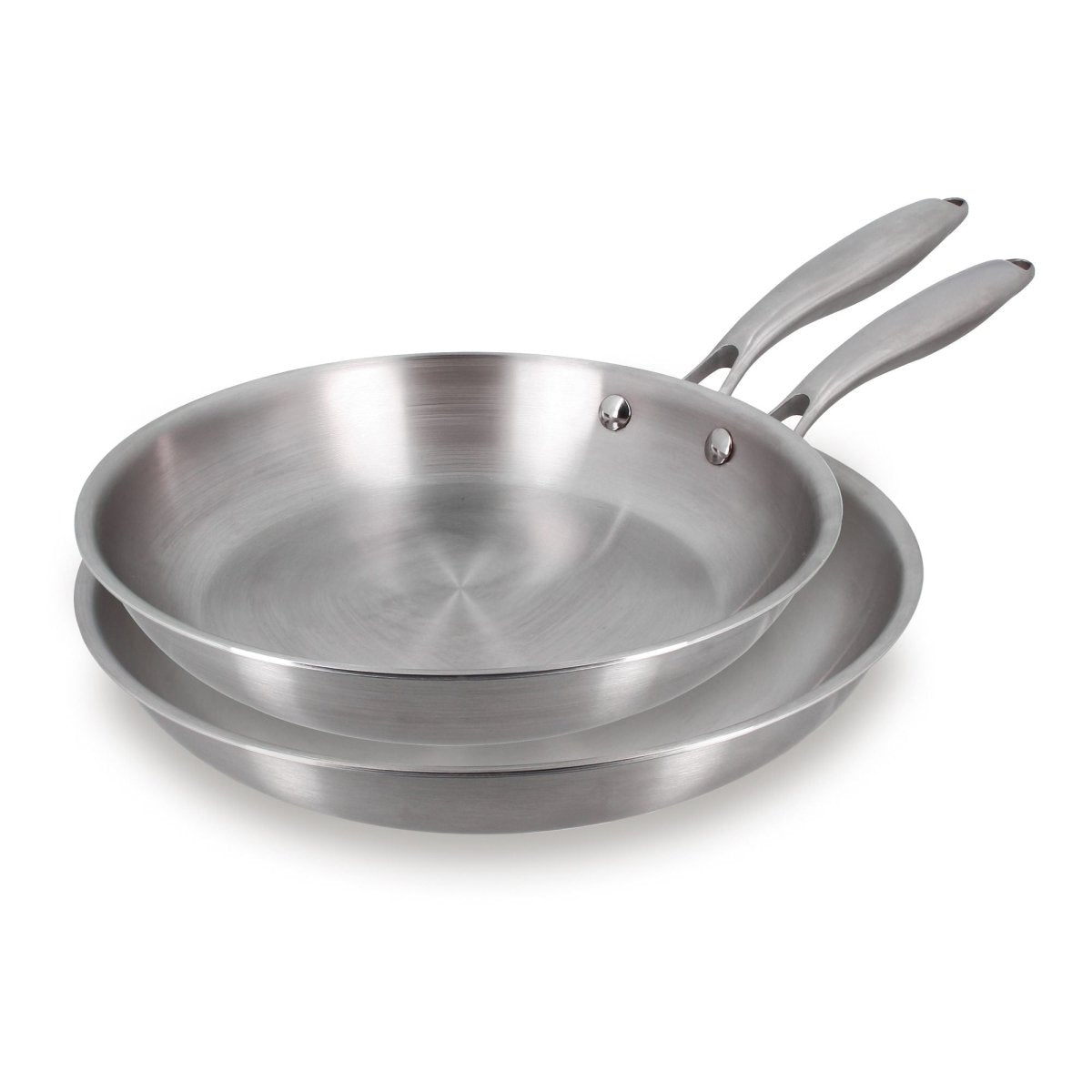 Set de 2 poêles Trinox en acier inoxydable triple couche Menastyl, vue empilée avec manches gris