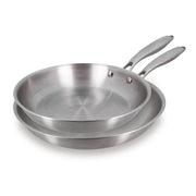 Set de 2 poêles Trinox en acier inoxydable triple couche Menastyl, vue empilée avec manches gris