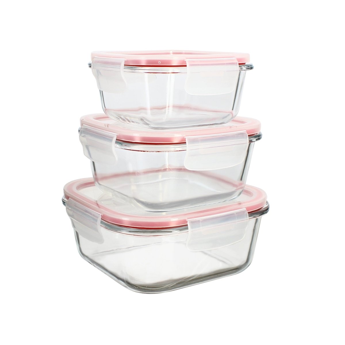 Set de 3 boîtes hermétiques en verre empilées Menastyl Clémentine, couvercles roses à clips, 310-500-800ml