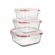 Set de 3 boîtes hermétiques en verre empilées Menastyl Clémentine, couvercles roses à clips, 310-500-800ml