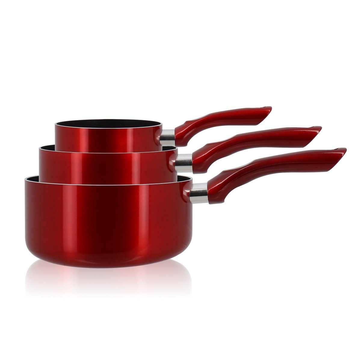 Set de 3 casseroles Cerise en aluminium rouge métallique Menastyl, empilées avec poignées visibles