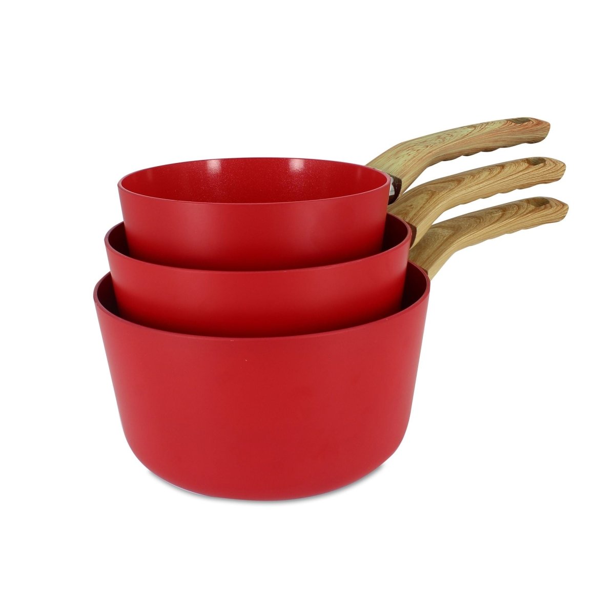 Set de 3 casseroles rouges Colorama 16/18/20 cm empilées avec poignées bois, vue sur fond blanc