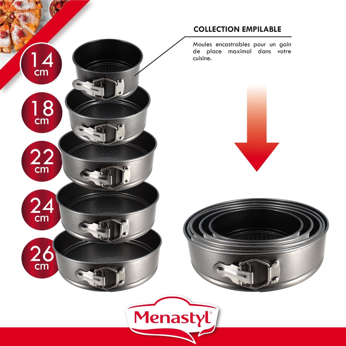 Set de 5 moules à charnière empilables de 14 à 26 cm, revêtement antiadhésif noir, collection empilable gain de place