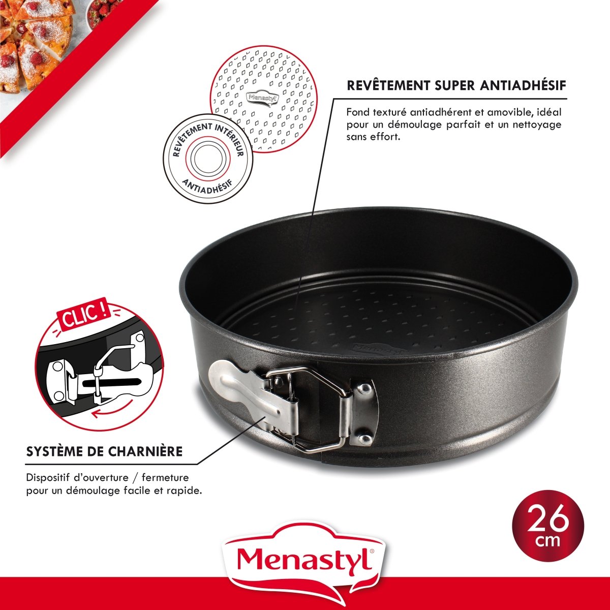 Moule à charnière 26cm antiadhésif avec système de clip, fond texturé et rebords hauts, détail revêtement intérieur