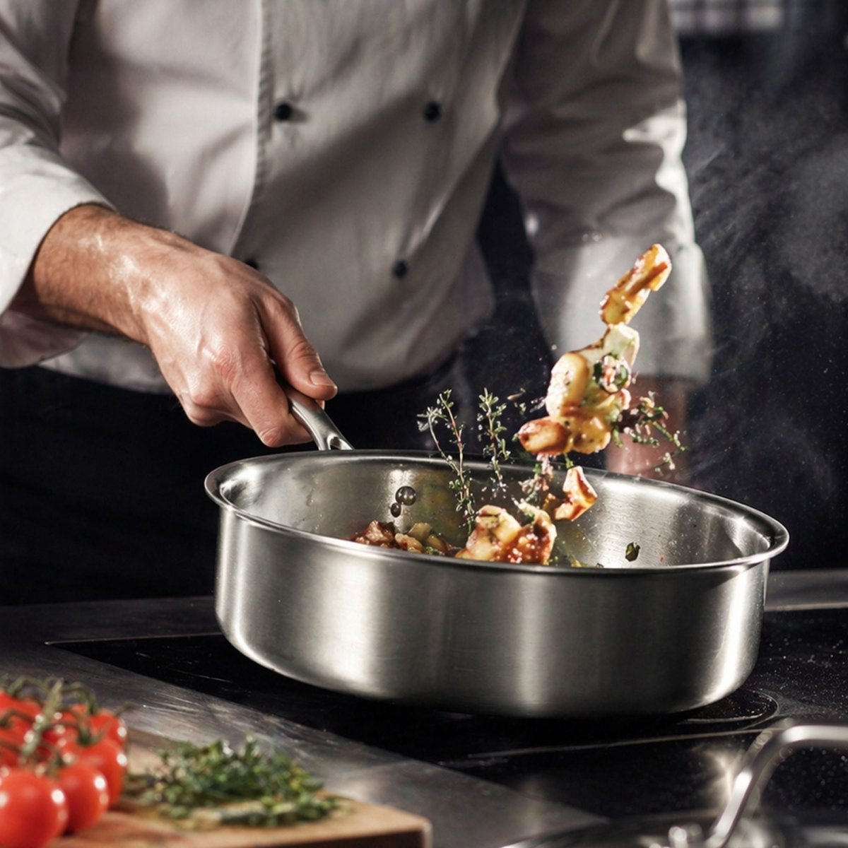 Chef cuisinant des légumes sautés dans une sauteuse Triply en acier inoxydable triple couche