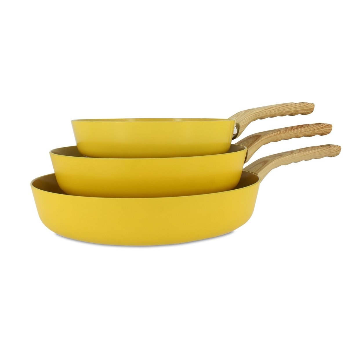 Set de 3 poêles jaunes Colorama empilées avec manches en bois, vue d'ensemble sur fond blanc