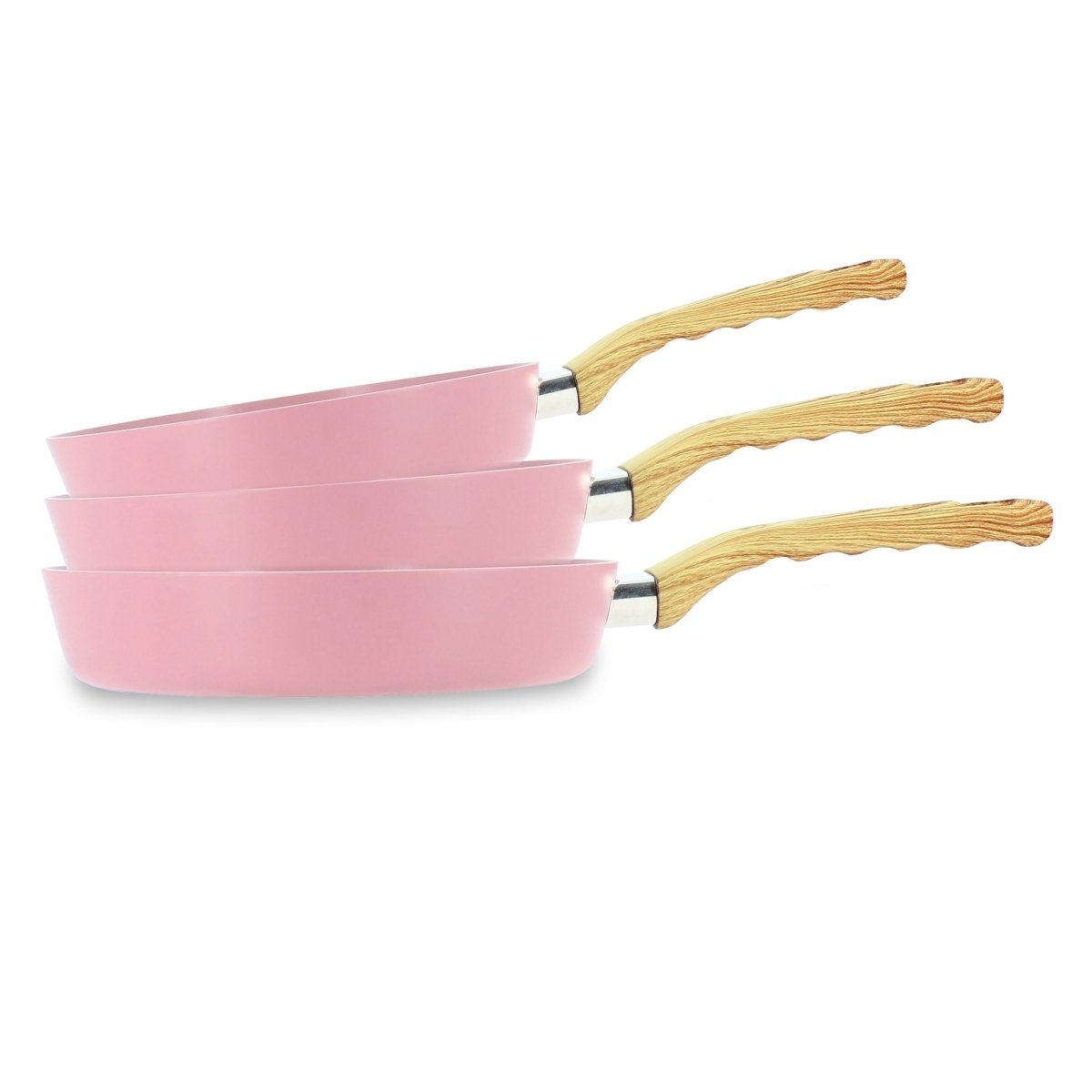 Set de 3 poêles roses Colorama empilées avec manches bois, vue de profil sur fond blanc