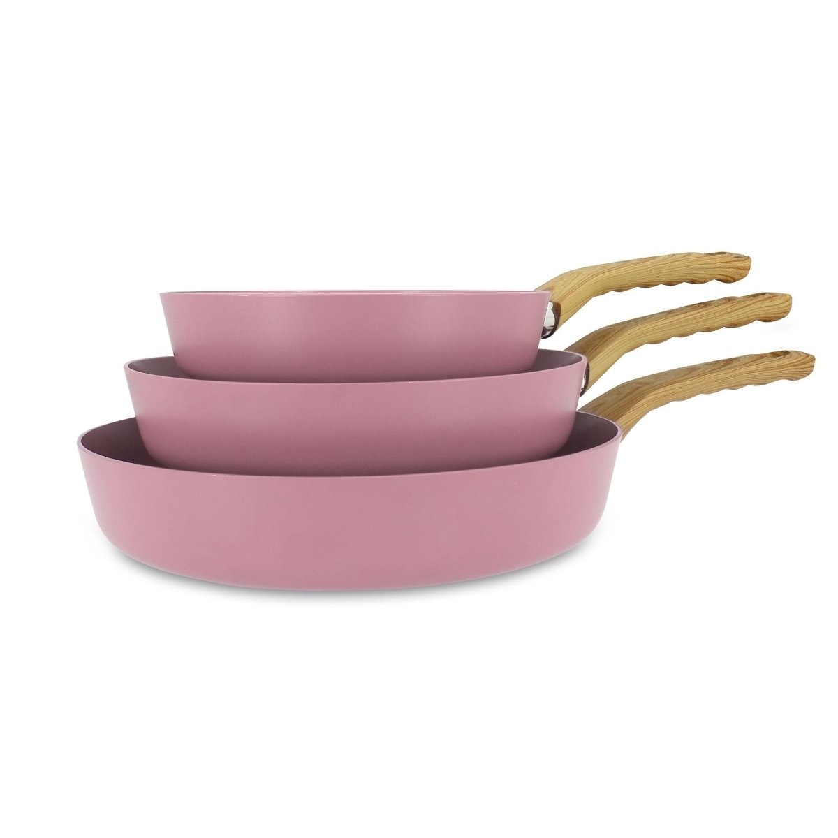 Set de 3 poêles Colorama roses avec manches en bois, vue empilée montrant les diamètres 20, 24 et 28 cm
